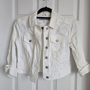 Express Distressed Cropped White Denim Jacket In Size XS